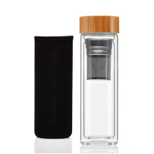 Bamboo 400ml Double Wall Borosilicate Glass Drink Water Filtration Enhancer Bottle